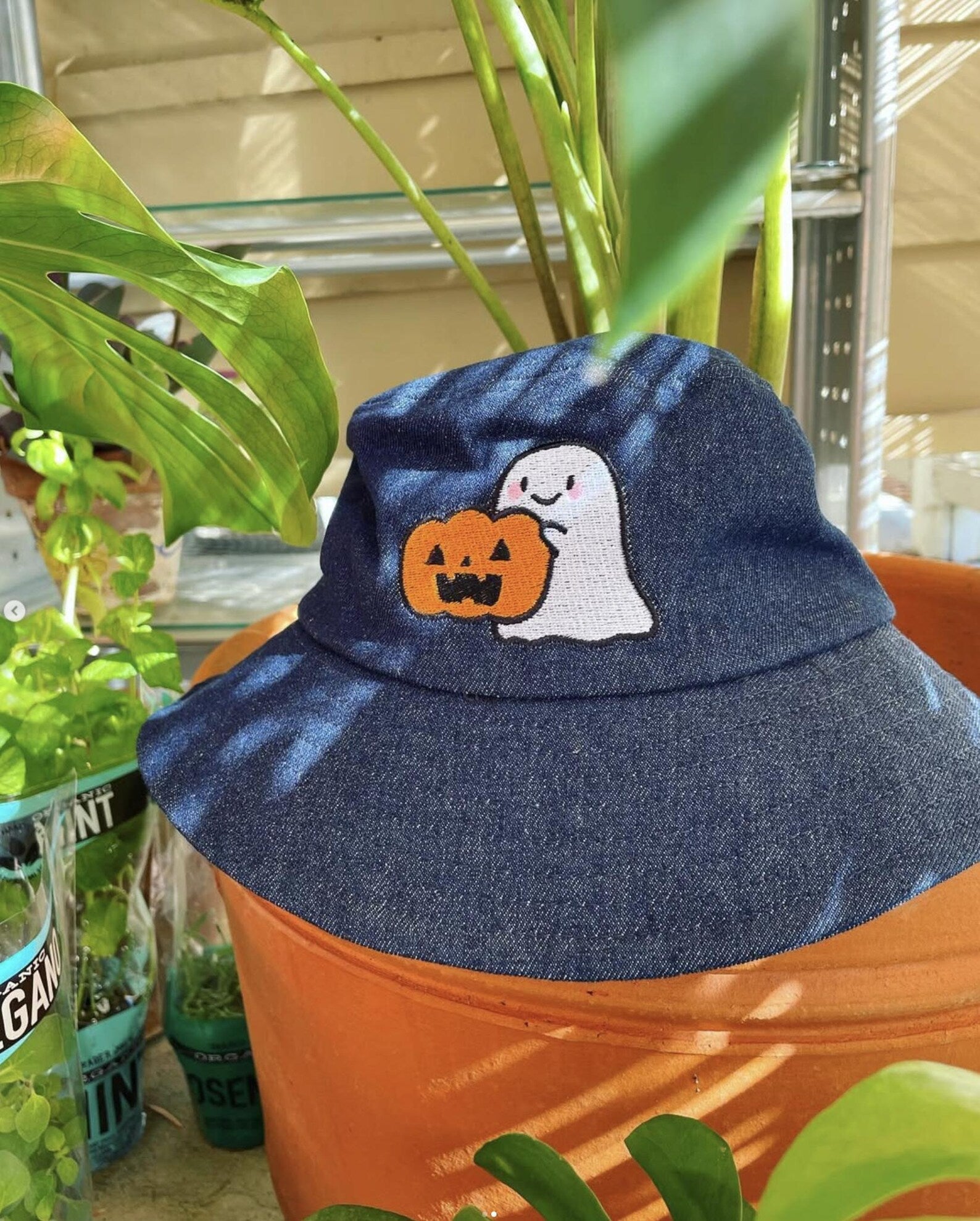 Halloween Bucket Hat - Embroidered Ghost with Pumpkin
