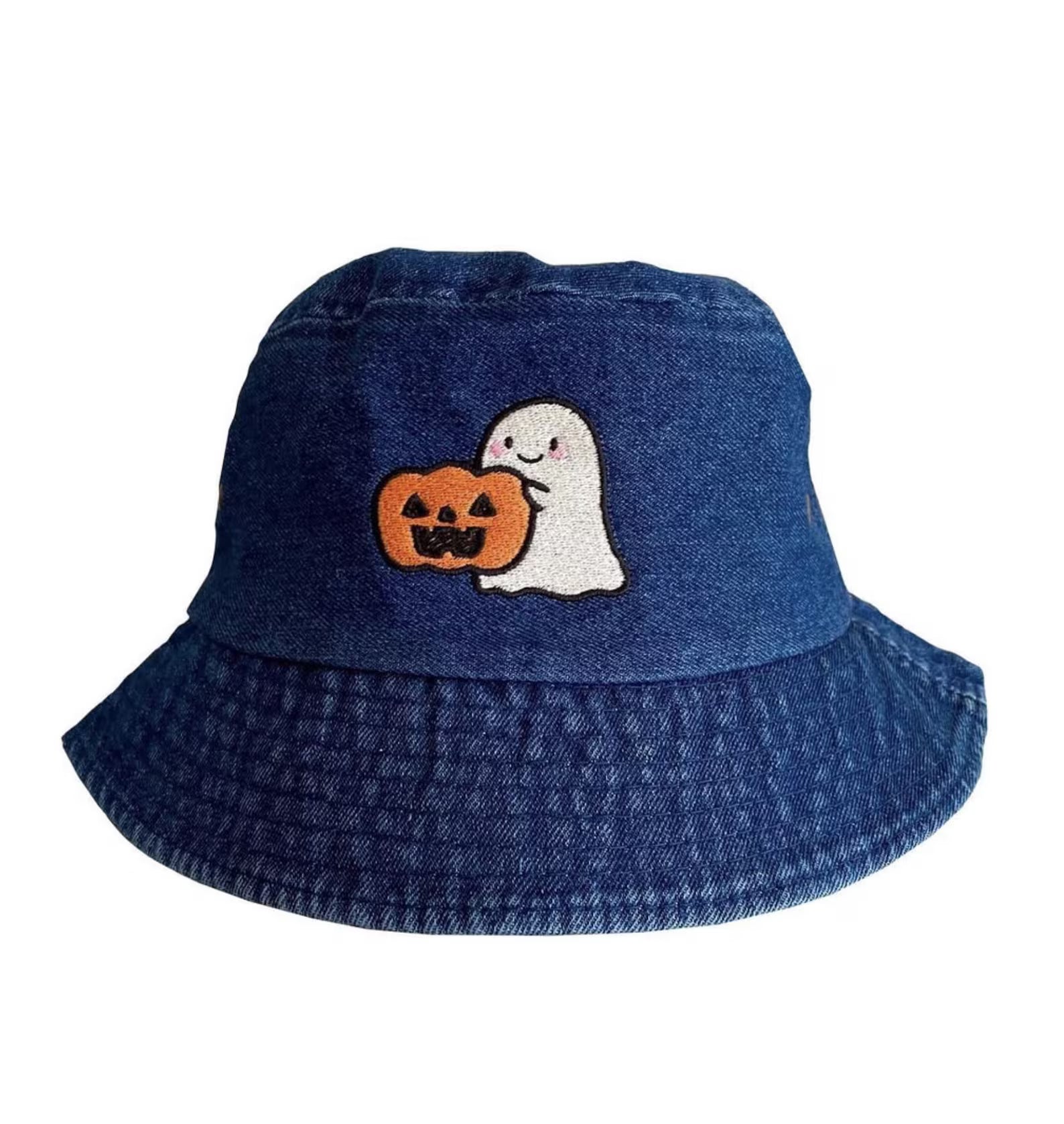 Halloween Bucket Hat - Embroidered Ghost with Pumpkin
