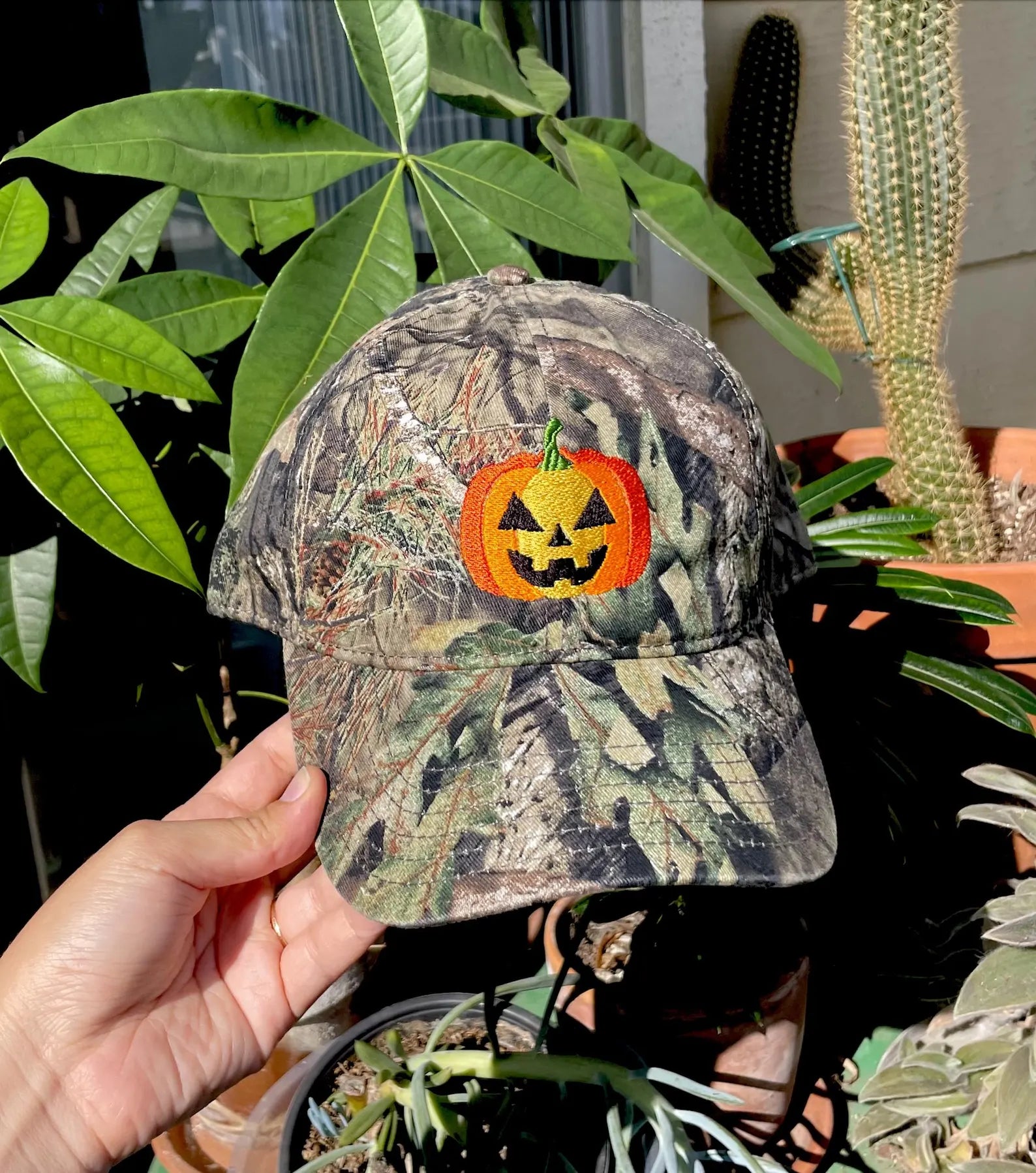Halloween Baseball Cap - Embroidered Pumpkin Camo Dad Hat