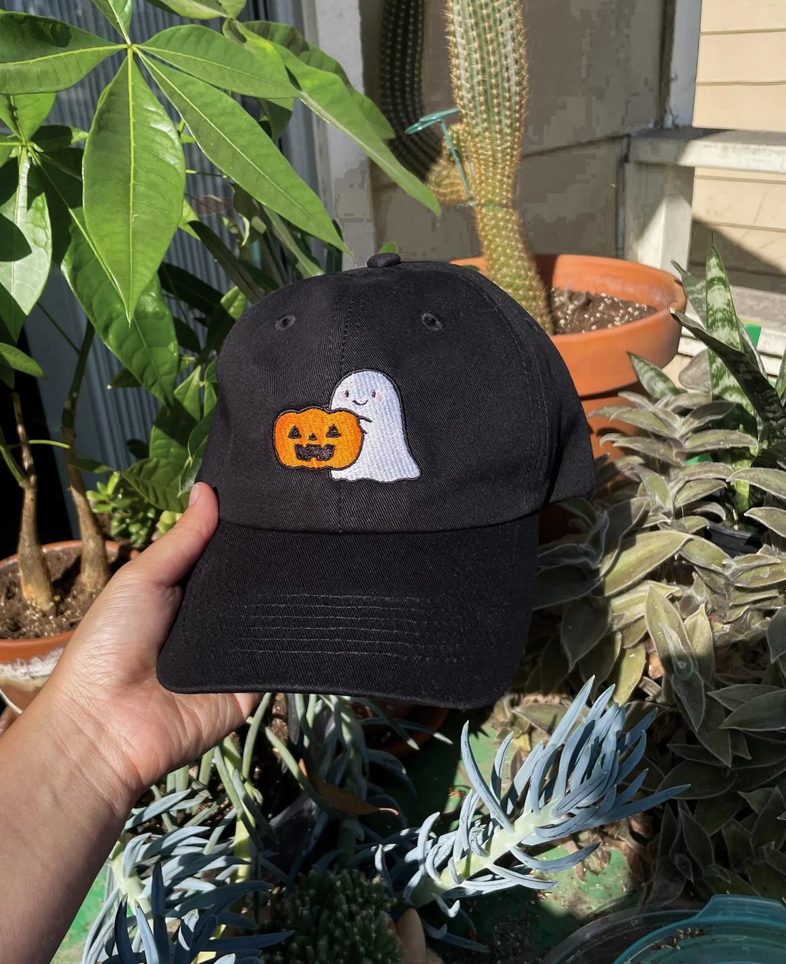 Halloween Baseball Cap - Embroidered Ghost with Pumpkin