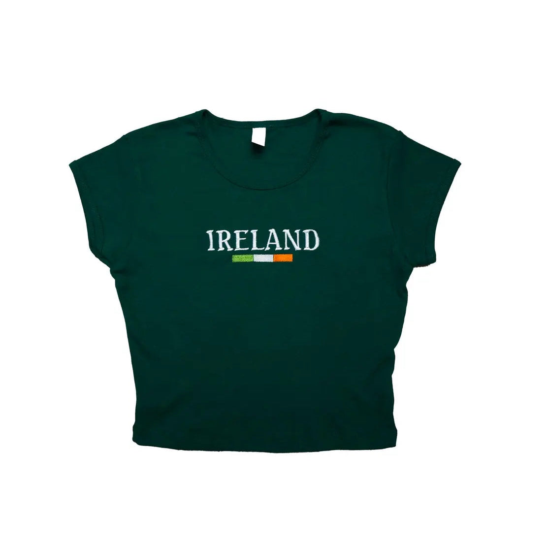 Green sleeveless crop top with 'IRELAND' and flag design on a white background