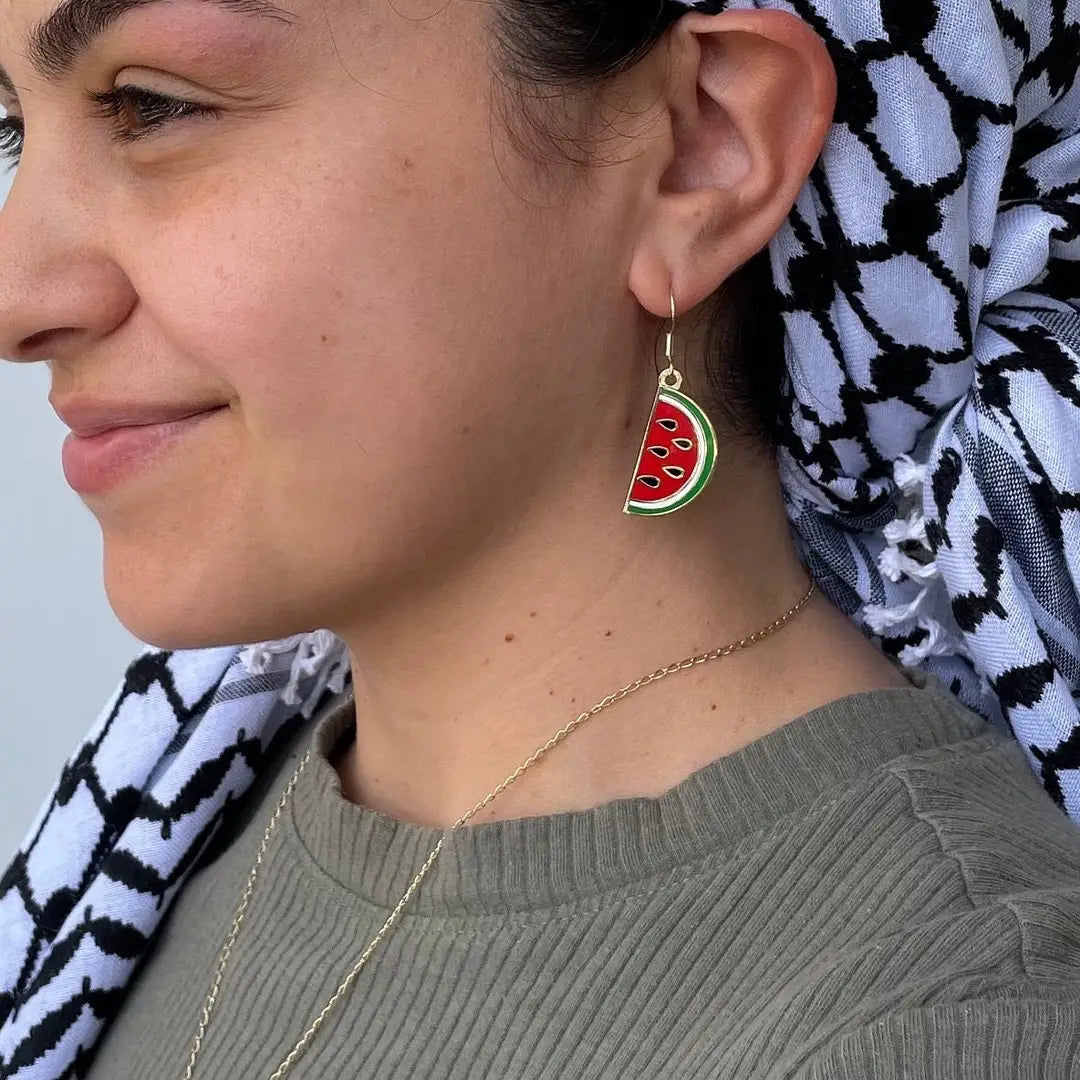 Palestine Watermelon Drop Earrings with 14k Gold Hooks